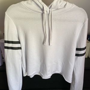 Hollister Women’s White Cropped Hoodie with Black Stripes - L